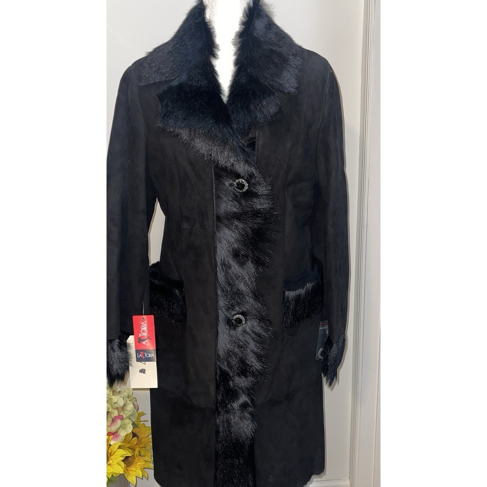 NWT Vintage La Toria Turkey Lambskin Shearling/Wool Women's Black Long Coat Sz L